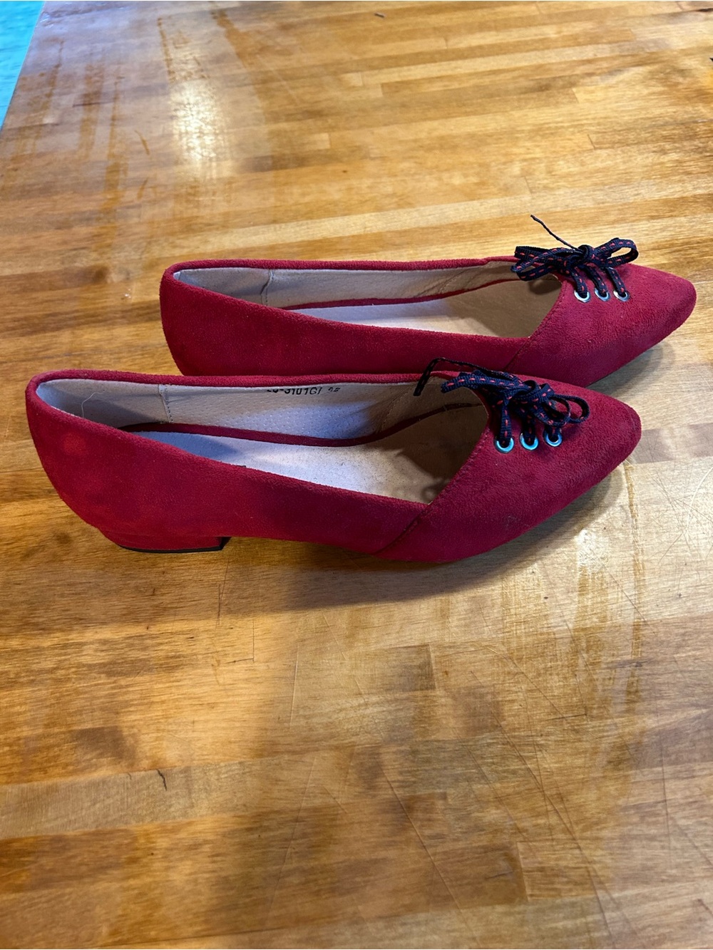 Burgundy Red Microsuede Pointed Toe Lace Up Ballet Flat